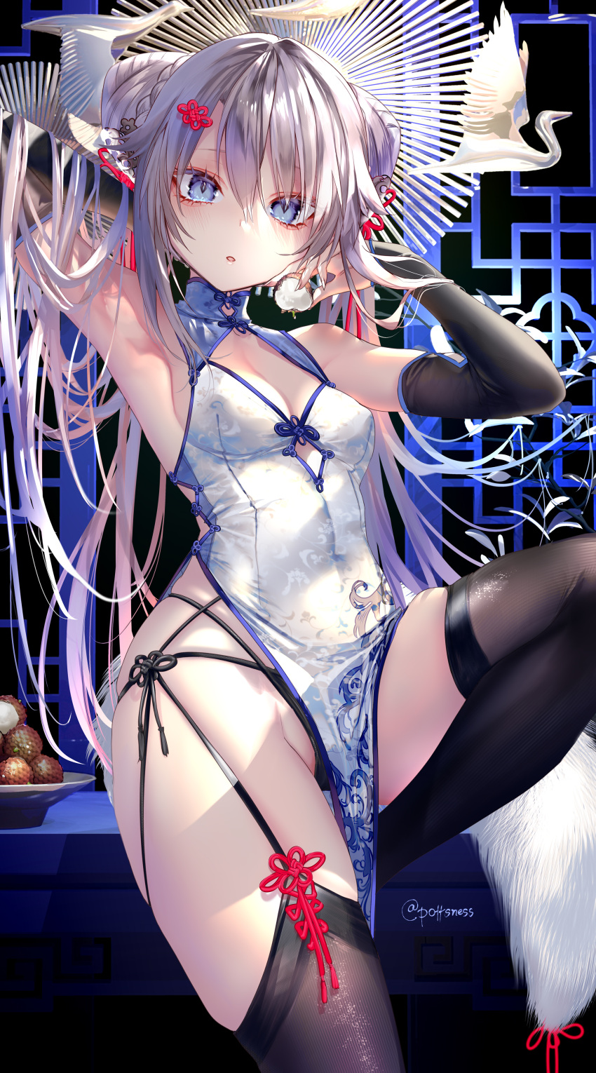 1girl 9a-91_(girls_frontline) absurdres alternate_costume alternate_hairstyle arm_up bangs black_legwear black_panties blue_eyes blush breasts bridal_gauntlets china_dress chinese_clothes double_bun dress eyelashes girls_frontline hair_between_eyes highleg highleg_panties highres holding long_hair lychee medium_breasts panties parted_lips pelvic_curtain pottsness skindentation solo tassel thigh-highs twitter_username underwear