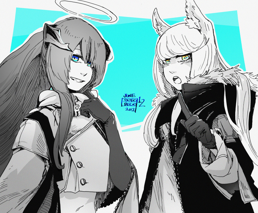 2girls alternate_costume animal_ear_fluff animal_ears arknights black_jacket blue_background dated demon_horns elbow_gloves fallen_angel fur-trimmed_jacket fur_trim gloves grin halo highres horns horse_ears horse_girl huge_filesize jacket light_blue_eyes long_hair looking_at_viewer mostima_(arknights) multiple_girls navel octodeco platinum_(arknights) pointing smile two-tone_background white_background yellow_eyes