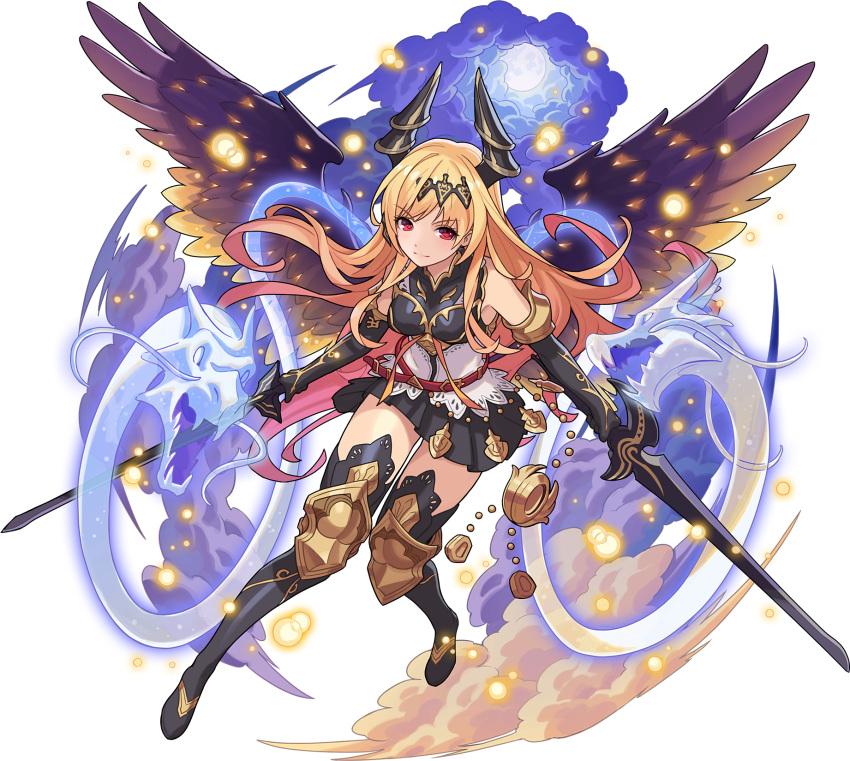 1girl armor artist_request bangs bare_shoulders belt black_footwear black_gloves black_hairband black_legwear black_shirt black_skirt blonde_hair blush boots breasts closed_mouth clouds dark_angel_olivia dragon dual_wielding elbow_gloves eyebrows_visible_through_hair feathered_wings flying full_body full_moon gloves gradient_hair granblue_fantasy hairband highres holding holding_sword holding_weapon horns knee_pads knees_together_feet_apart light_blush light_particles long_hair looking_to_the_side medium_breasts miniskirt moon multicolored_hair night non-web_source official_art orange_hair pleated_skirt purple_wings red_eyes shiny shiny_hair shirt sidelocks skirt sleeveless sleeveless_shirt solo sword thigh-highs thigh_boots transparent transparent_background two-tone_hair v-shaped_eyebrows very_long_hair weapon wings world_flipper zettai_ryouiki