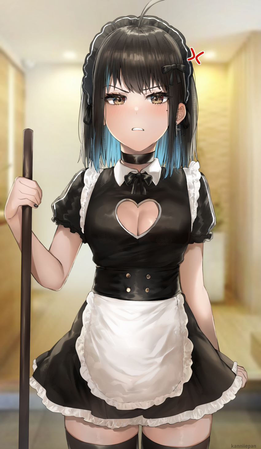 1girl bow broomstick chocker cleavage eyebrows holding_broom kanniiepan maid maid_apron maid_dress maid_headdress maid_uniform solo teeth thigh-highs thighs