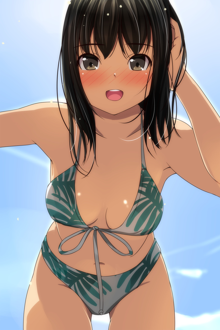 1girl :d absurdres arm_up bangs bare_arms bare_shoulders bikini black_hair blue_sky blush breasts brown_eyes clouds day eyebrows_visible_through_hair front-tie_bikini front-tie_top grey_bikini groin highres looking_at_viewer matsunaga_kouyou medium_breasts navel nose_blush open_mouth original outdoors print_bikini sky smile solo swimsuit upper_teeth
