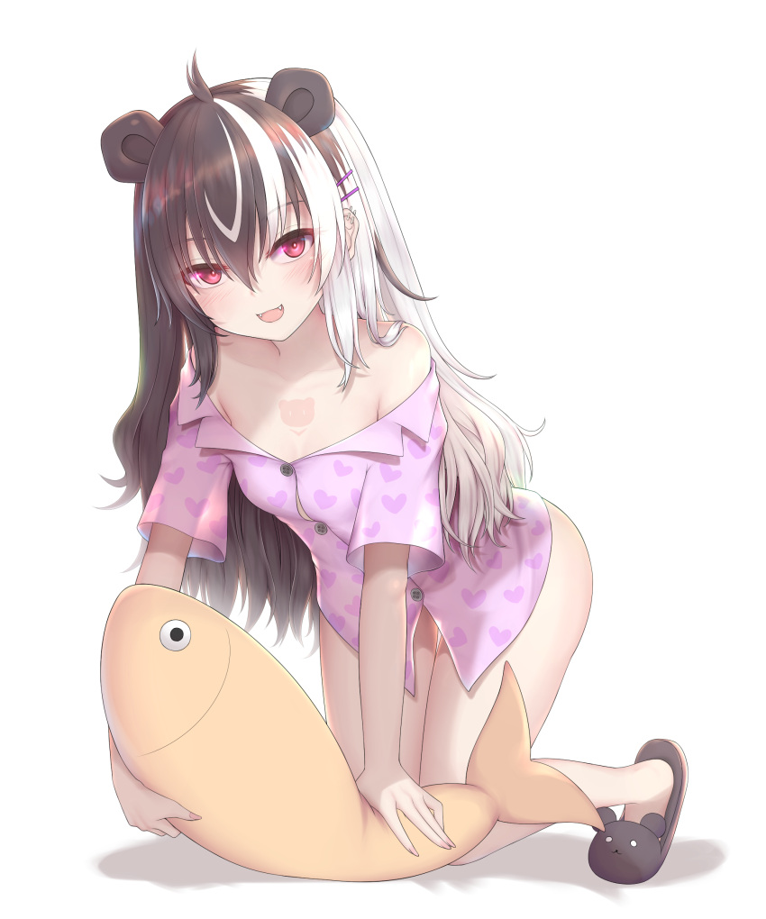 1girl :d absurdres all_fours animal_ears animal_slippers bangs bear_ears black_footwear black_hair breasts collarbone commentary_request eyebrows_visible_through_hair fangs full_body hair_between_eyes hair_ornament hairclip heart heart_print highres indie_virtual_youtuber long_hair looking_at_viewer multicolored_hair naked_shirt nikuku_(kazedesune) obear off_shoulder open_mouth print_shirt purple_shirt red_eyes shadow shirt short_sleeves slippers small_breasts smile solo stuffed_animal stuffed_fish stuffed_toy two-tone_hair very_long_hair virtual_youtuber white_background white_hair