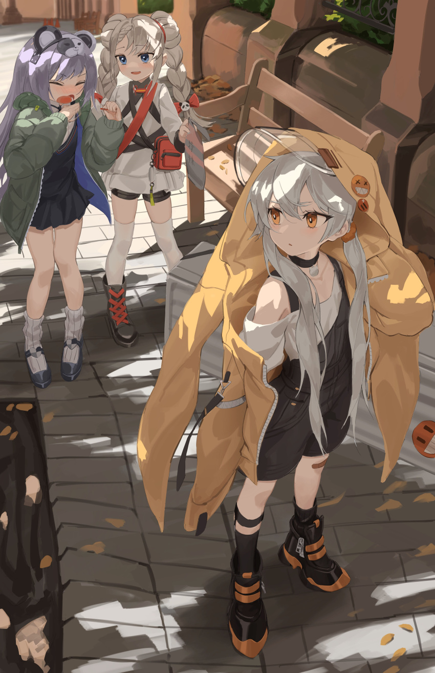 3girls absurdres animal_ears bandaid bandaid_on_knee bench blonde_hair blue_eyes blush braid cf05_(girls_frontline) commentary_request fake_animal_ears full_body girls_frontline highres long_hair multiple_girls official_alternate_costume open_mouth outdoors pkp_(girls_frontline) purple_hair raincoat rpk-203_(girls_frontline) rui_(rei_leyi) suspenders thigh-highs twin_braids weapon_case yellow_eyes younger