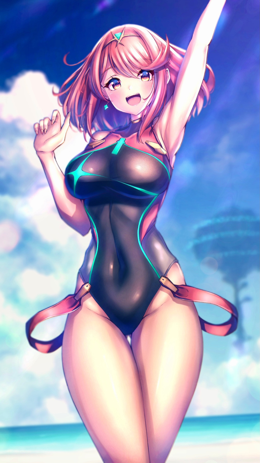 1girl bangs black_swimsuit breasts chest_jewel competition_swimsuit covered_collarbone covered_navel gem hakusai_(hksicabb) headpiece highres large_breasts one-piece_swimsuit pyra_(pro_swimmer)_(xenoblade) pyra_(xenoblade) red_swimsuit redhead strapless strapless_swimsuit swept_bangs swimsuit tiara two-tone_swimsuit xenoblade_chronicles_(series) xenoblade_chronicles_2