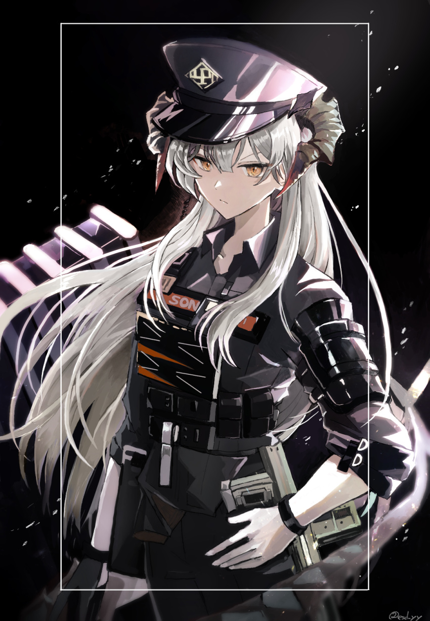 1girl arknights black_background black_gloves black_shirt closed_mouth collared_shirt commentary_request dragon_horns esuda0919 eyebrows_visible_through_hair gloves grey_hair hand_on_hip hat highres horns long_hair looking_at_viewer military_hat official_alternate_costume open_collar partial_commentary plate_carrier police police_uniform red_eyes saria_(arknights) saria_(the_law)_(arknights) shield shirt single_glove sleeves_rolled_up solo tactical_clothes uniform upper_body