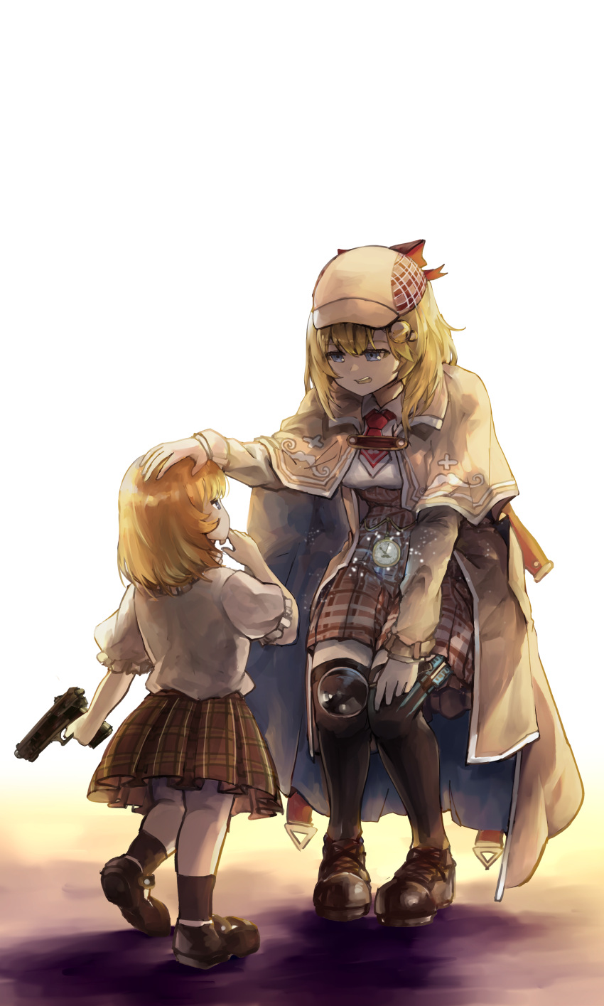 2girls absurdres bangs black_bow blonde_hair bow collared_shirt commentary dual_persona eye_contact glowing gun hair_ornament handgun hat headpat highres holding holding_gun holding_weapon hololive hololive_english jacket looking_at_another magnifying_glass monocle_hair_ornament multiple_girls necktie plaid plaid_skirt pocket_watch red_neckwear shirt shoes simple_background skirt socks thigh-highs time_paradox virtual_youtuber vyragami watch watson_amelia weapon white_background younger zettai_ryouiki