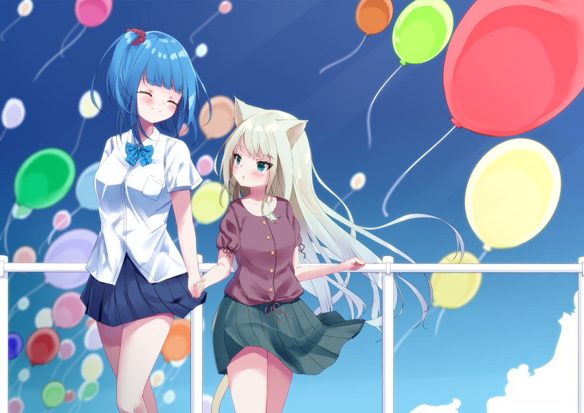 2girls ^_^ animal_ears balloon bangs blue_hair blue_skirt blurry blurry_background blush breasts brown_shirt cat_ears cat_girl cat_tail closed_eyes closed_mouth collared_shirt commentary_request depth_of_field dress_shirt eyebrows_visible_through_hair green_eyes green_hair green_skirt hair_ornament hair_scrunchie hamaru_(s5625t) highres holding_hands long_hair multiple_girls one_side_up original parted_lips pleated_skirt puffy_short_sleeves puffy_sleeves railing red_scrunchie scrunchie shirt short_sleeves skirt small_breasts tail very_long_hair white_shirt