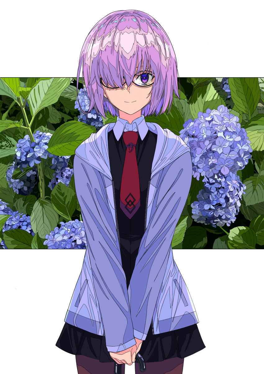 1girl absurdres black-framed_eyewear black_shirt black_skirt blue_flower brown_legwear closed_mouth collared_shirt commentary_request eyebrows_visible_through_hair fate/grand_order fate_(series) flower glasses grey_jacket hair_over_one_eye highres holding holding_umbrella hood hood_down hooded_jacket jacket leaf long_sleeves looking_at_viewer mash_kyrielight miniskirt necktie open_clothes open_jacket pantyhose pink_hair plant pocket red_neckwear shiny shiny_hair shirt short_hair skirt smile solo umbrella violet_eyes xtango