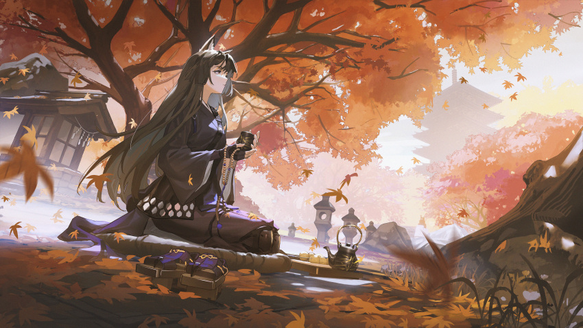 1girl absurdres animal_ear_fluff animal_ears architecture arknights autumn autumn_leaves black_gloves black_hair black_kimono brown_eyes closed_mouth cup dango day dog_ears east_asian_architecture falling_leaves fingerless_gloves food footwear_removed from_side full_body geta gloves highres holding holding_cup huge_filesize japanese_clothes kimono knee_pads leaf long_hair maple_leaf outdoors pagoda pot saga_(arknights) seiza sitting smile solo stone_lantern ttk_(kirinottk) very_long_hair wagashi
