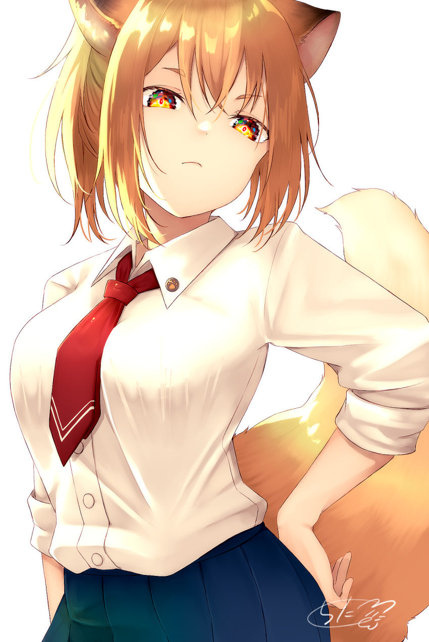1girl animal_ears bangs blue_skirt breasts brown_hair chita_(ketchup) closed_mouth collared_shirt commentary_request dress_shirt eyebrows_visible_through_hair fox_ears fox_girl fox_tail hair_between_eyes hand_on_hip highres looking_at_viewer medium_breasts necktie original pleated_skirt red_eyes red_neckwear shirt short_eyebrows signature simple_background skirt solo tail tail_raised thick_eyebrows white_background white_shirt
