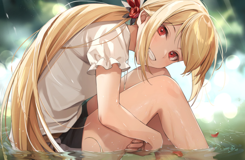 1girl :d ass bangs black_shorts blonde_hair blurry blurry_background blush commentary_request day depth_of_field feet_out_of_frame frilled_sleeves frills from_side grin highres knees_up leaning_forward light_rays long_hair looking_at_viewer looking_to_the_side low_ponytail open_mouth original petals red_eyes shirt short_shorts short_sleeves shorts sitting smile soaking_feet solo sunbeam sunlight swept_bangs teeth very_long_hair water white_shirt zattape