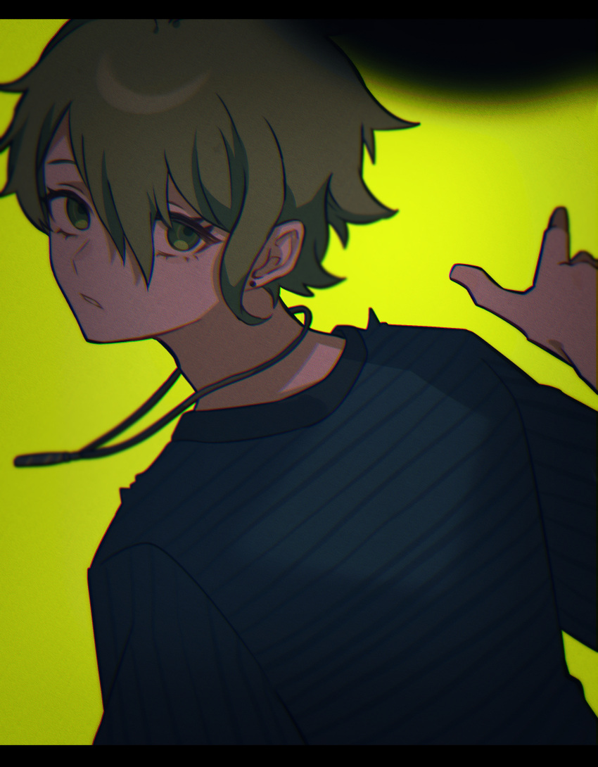 1boy absurdres amami_rantarou bangs black_background commentary_request dangan_ronpa_(series) dangan_ronpa_v3:_killing_harmony earrings from_behind gradient gradient_background green_eyes green_hair hair_between_eyes hand_up highres jewelry letterboxed looking_at_viewer looking_back necklace nyu_(bbpp08) pointing shirt short_hair solo striped striped_shirt upper_body yellow_background