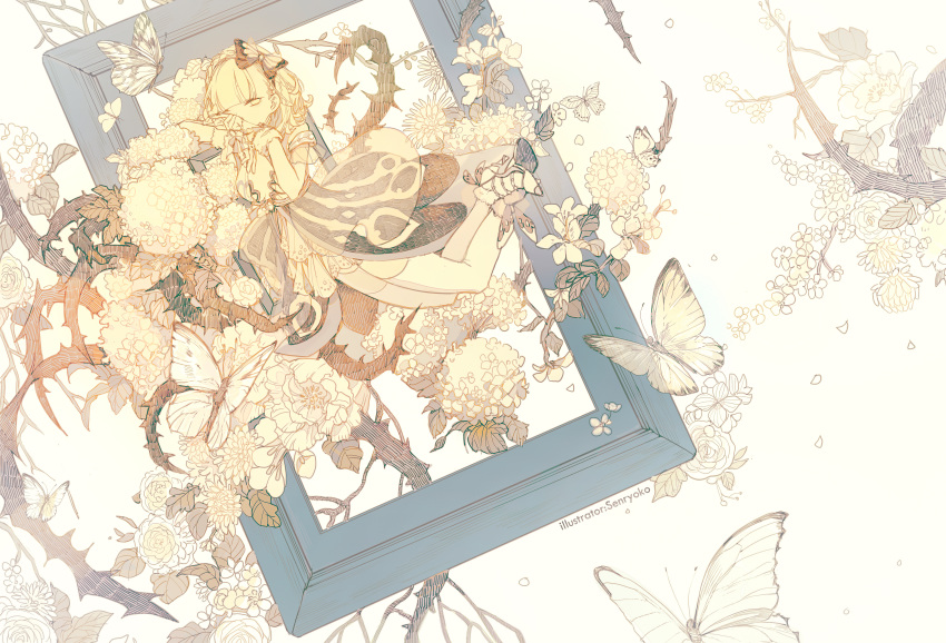 1girl absurdres alternate_costume bangs beads blonde_hair blunt_bangs braid branch briar_rose_(sinoalice) bug butterfly butterfly_hair_ornament dress gloves hair_ornament high_heels highres huge_filesize insect looking_at_viewer one_eye_closed picture_frame senryoko short_hair sinoalice sketch solo thigh-highs thorns yellow_eyes zettai_ryouiki