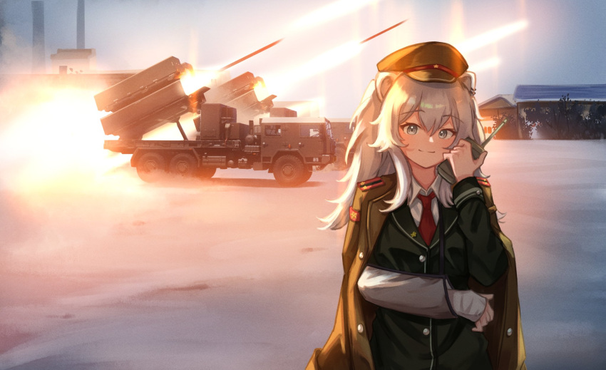 1girl ahoge animal_ears black_jacket breasts coat firing grey_eyes hair_between_eyes hat highres hololive jacket jacket_on_shoulders jl_tan lion_ears lion_girl long_hair looking_at_viewer military military_hat military_jacket military_uniform missile missile_pod shirt shishiro_botan silver_hair solo uniform virtual_youtuber