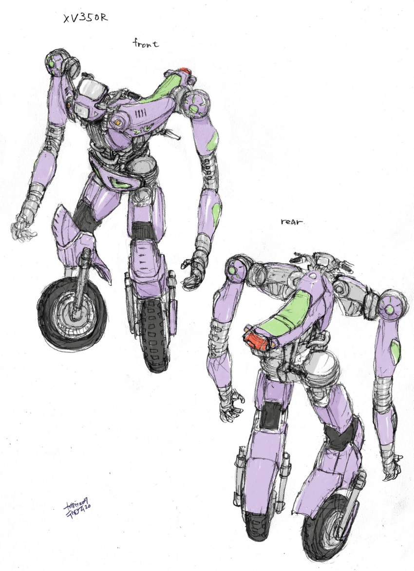 character_sheet from_above headlight highres kasahara_tetsurou mecha multiple_views no_humans official_art open_hands rideback science_fiction standing wheel