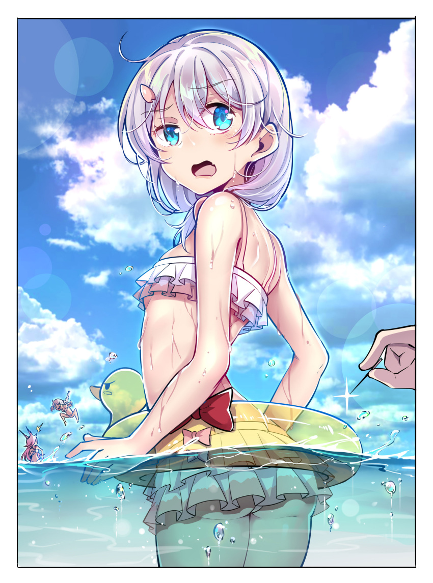 +_+ 3girls absurdres ass bangle beach bikini blue_eyes blue_sky bracelet breasts captain_(honkai_impact) clouds cloudy_sky fei_lio_mao fox_tail frilled_bikini frills hair_between_eyes hair_ornament hairpin highres holding honkai_(series) honkai_impact_3rd innertube jewelry jumping kallen_kaslana looking_to_the_side multiple_girls needle open_mouth outdoors pink_hair side_ponytail sky small_breasts swimsuit tail theresa_apocalypse water wet wet_clothes wet_hair white_hair yae_sakura