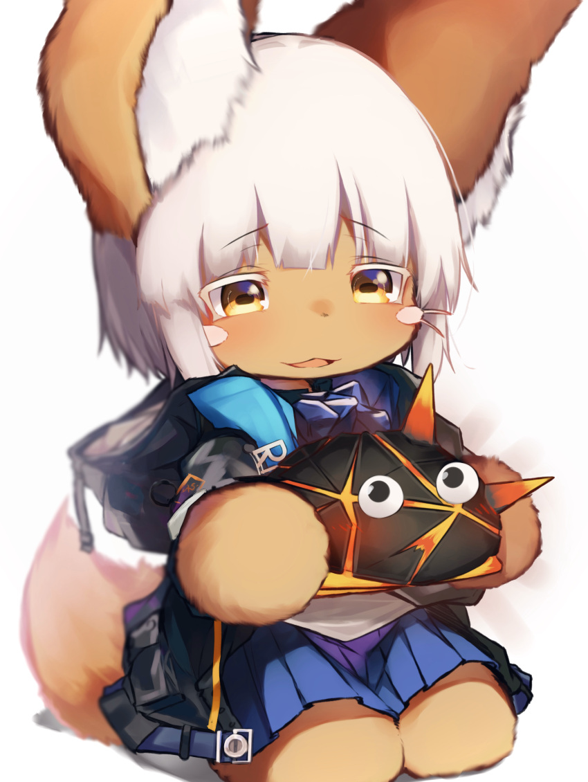 1other absurdres alternate_hair_length alternate_hairstyle amiya_(arknights) amiya_(arknights)_(cosplay) animal_ears arknights blue_skirt blush_stickers coat cosplay creature eyebrows_visible_through_hair furry highres hooded_coat horizontal_pupils made_in_abyss nanachi_(made_in_abyss) originium_slug_(arknights) overcoat pleated_skirt rabbit_ears short_hair skirt solo tab_head trait_connection white_hair yellow_eyes