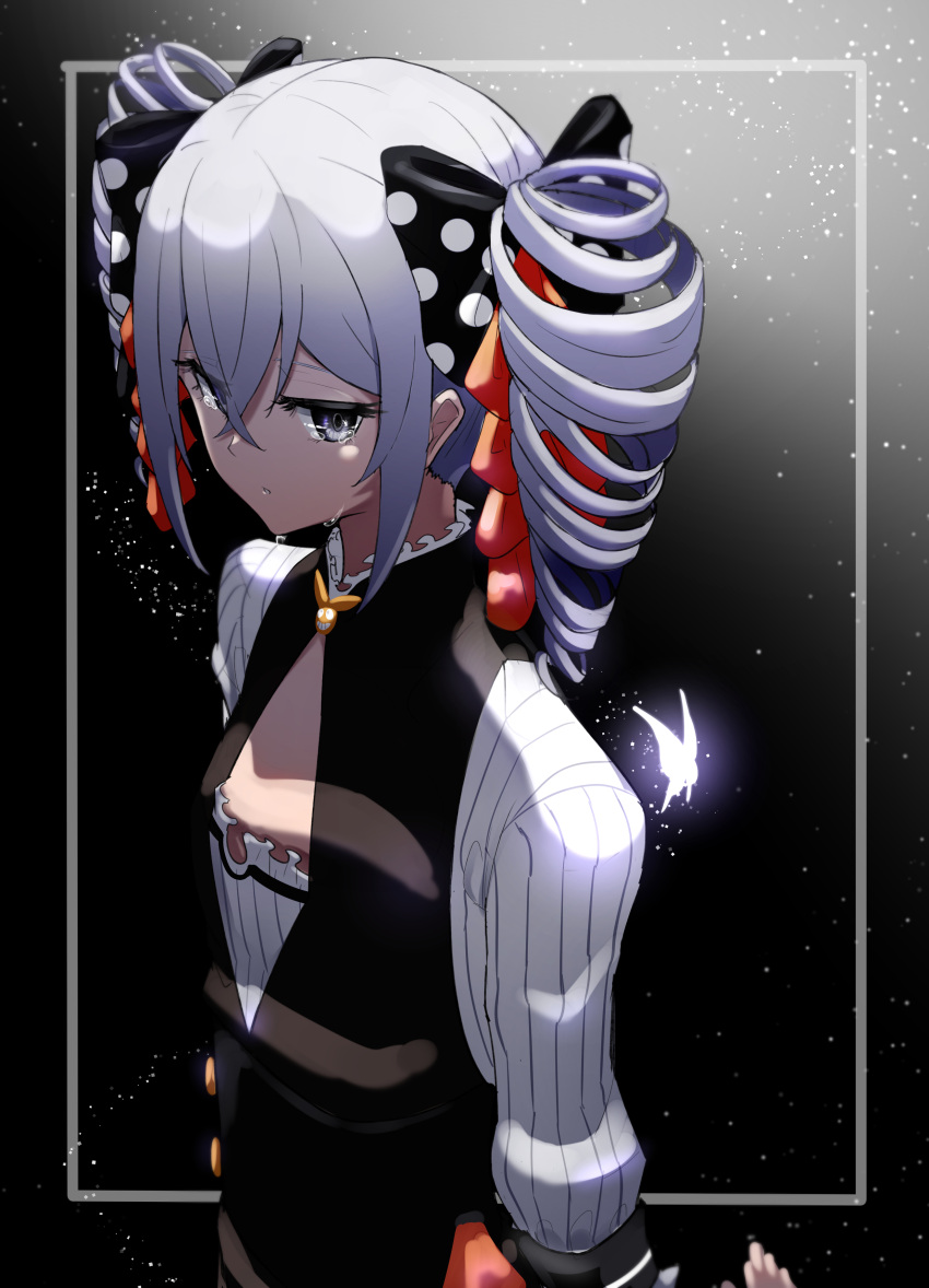 1girl absurdres azarashi_(azrsot) bangs blue_butterfly breasts bronya_zaychik bug butterfly crying crying_with_eyes_open drill_hair glowing grey_eyes grey_hair hair_between_eyes highres honkai_(series) honkai_impact_3rd insect looking_to_the_side sleeves_rolled_up small_breasts solo tears twin_drills