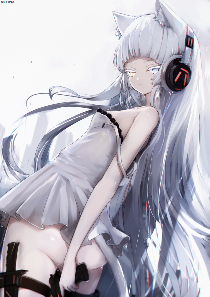 1girl animal_ear_fluff animal_ears artist_name ass awp_(girls_frontline)_(nekoya_(liu)) bangs bare_arms bare_shoulders blue_eyes breasts cat_ears cat_tail closed_mouth commentary_request cowboy_shot dress from_behind girls_frontline gun headphones heterochromia highres holding holding_gun holding_weapon knife long_hair looking_at_viewer nekoya_(liu) no_panties original short_dress silver_hair sleeveless sleeveless_dress small_breasts solo standing strap_slip tail thigh_strap very_long_hair weapon white_dress yellow_eyes