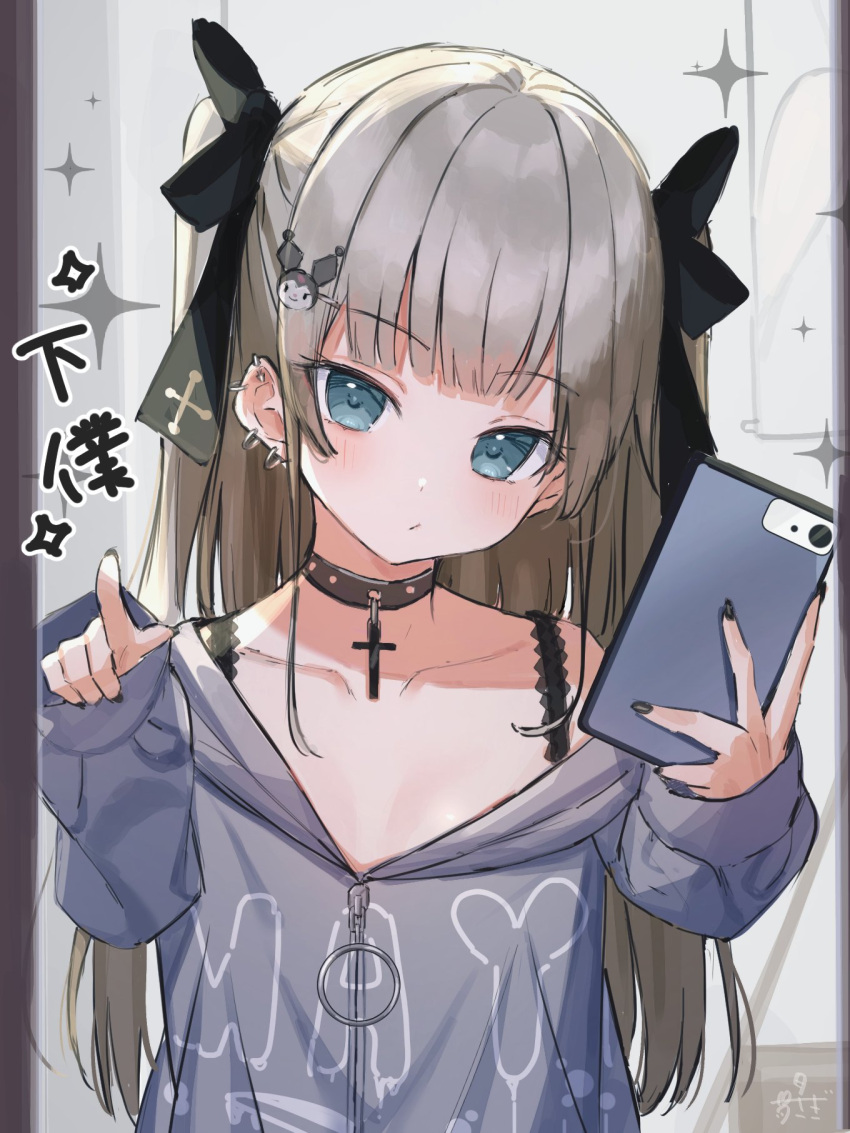 1girl bangs black_bow black_nails blue_eyes blunt_bangs blush bow brown_hair cellphone character_hair_ornament collarbone commentary eyebrows_visible_through_hair grey_jacket hair_bow hair_ornament hairclip hands_up highres holding holding_phone hood hood_down hooded_jacket jacket kuromi long_hair long_sleeves looking_at_viewer nail_polish off_shoulder onegai_my_melody phone sleeves_past_wrists solo sparkle symbol_commentary translation_request tsukiman two_side_up upper_body very_long_hair