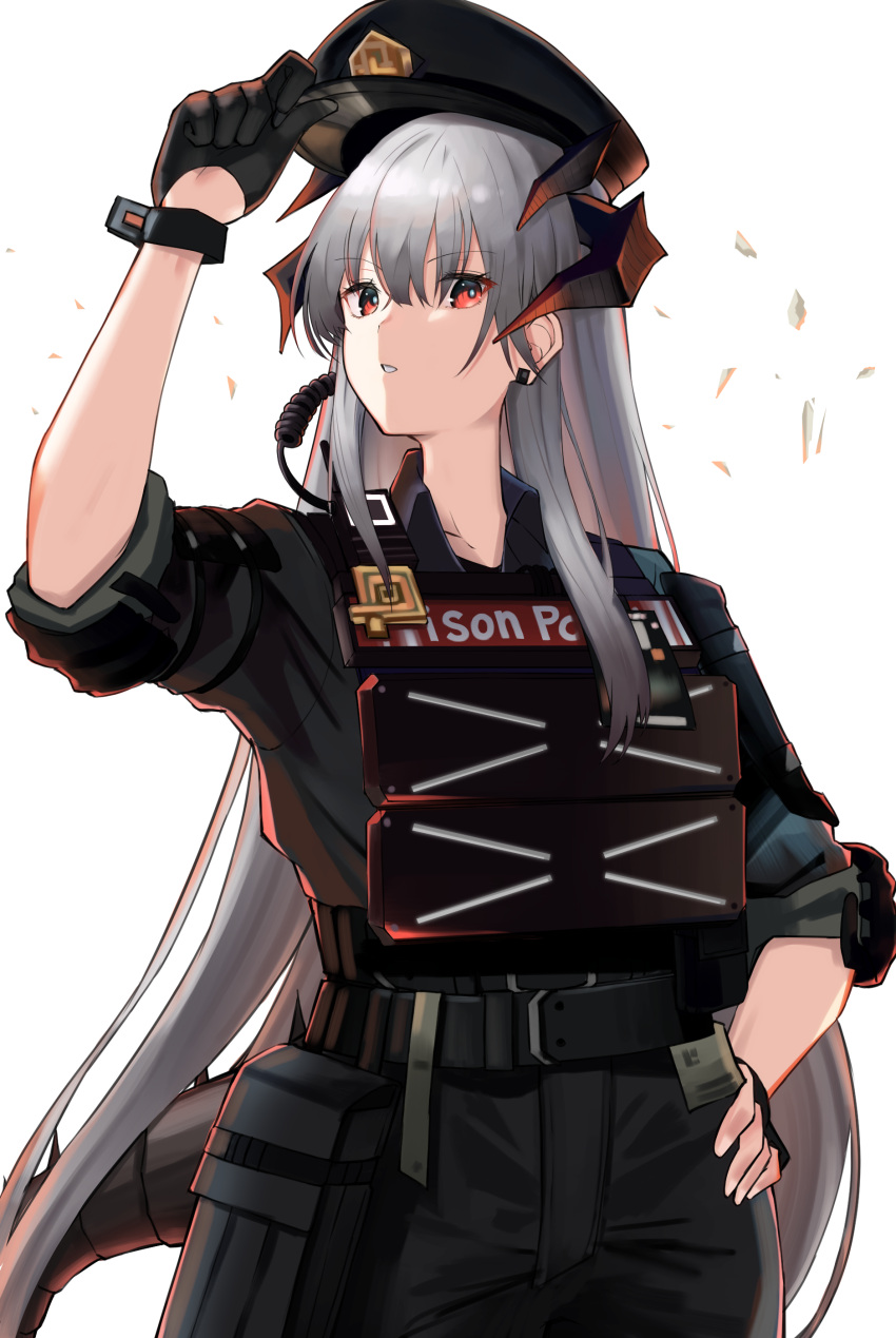 1girl 70zyomin7 absurdres adjusting_clothes adjusting_headwear arknights black_gloves black_headwear black_shirt commentary dragon_horns ear_piercing gloves grey_hair hand_on_hip hat highres horns looking_at_viewer official_alternate_costume orange_eyes parted_lips piercing police police_hat police_uniform saria_(arknights) saria_(the_law)_(arknights) shirt solo uniform upper_body walkie-talkie white_background