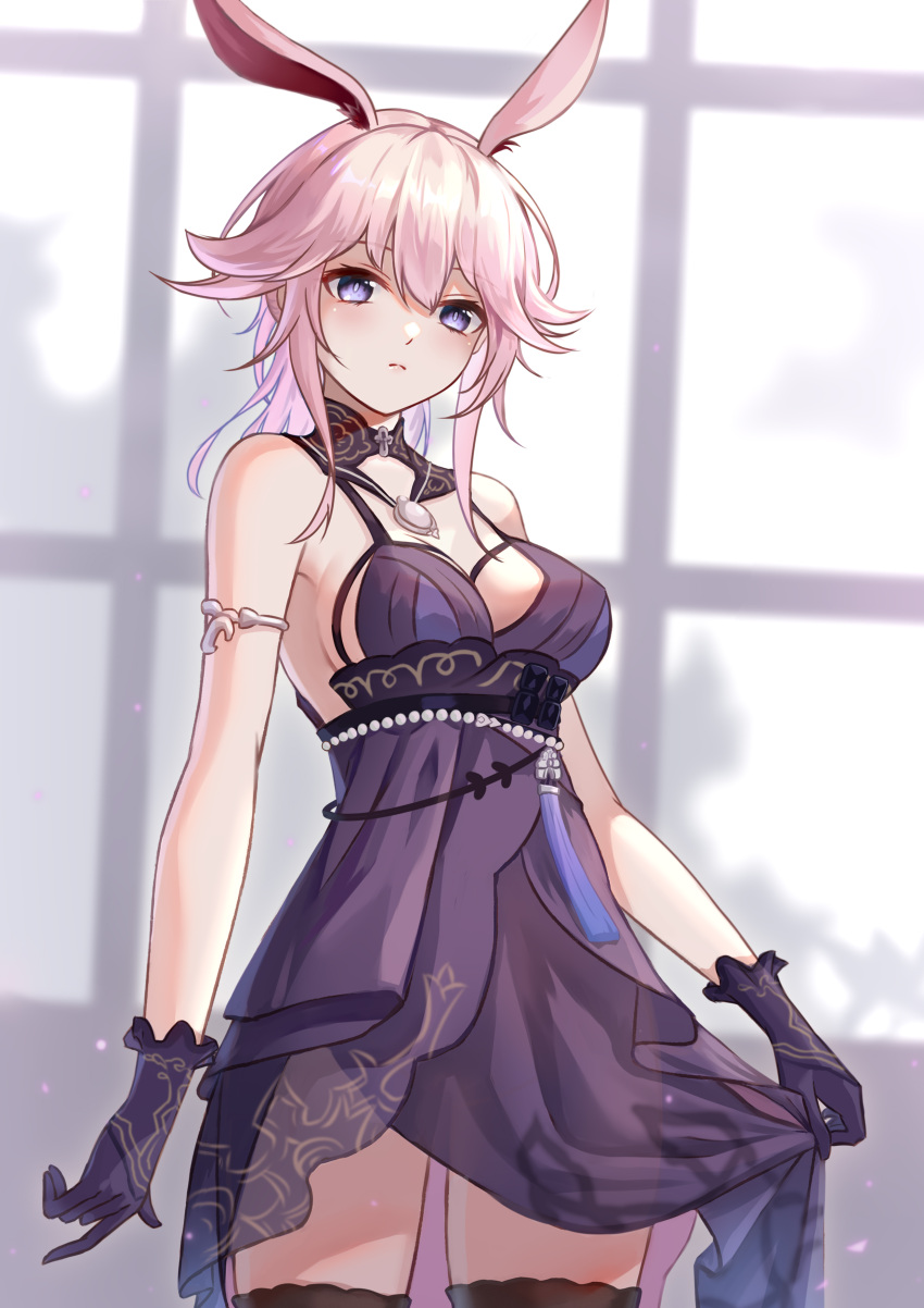 1girl absurdres animal_ears bangs bare_shoulders closed_mouth dress fox_ears gloves hair_between_eyes highres honkai_(series) honkai_impact_3rd looking_at_viewer pink_hair purple_dress purple_gloves solo thigh-highs thighs violet_eyes yae_sakura yae_sakura_(flame_sakitama) yelan_xing_xuan