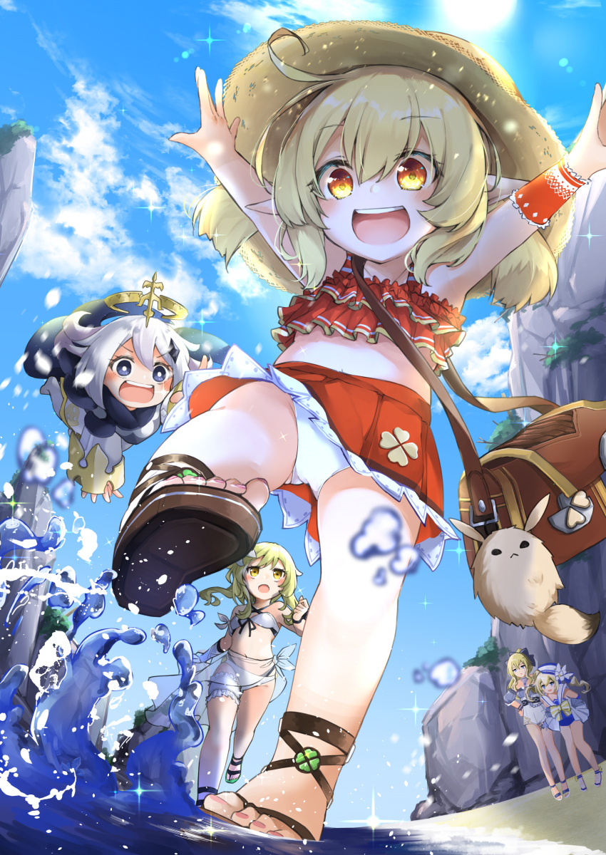 5girls :d absurdres adapted_costume ahoge alternate_costume armpits arms_behind_back bag bag_charm bangs barbara_(genshin_impact) barbara_(summertime_sparkle)_(genshin_impact) barefoot_sandals beach black_scarf blonde_hair blue_eyes blue_sky blurry charm_(object) clouds cloudy_sky clover_print commentary_request depth_of_field detached_sleeves dodoco_(genshin_impact) drill_hair eyebrows_visible_through_hair floating flower frilled_swimsuit frills from_below full_body genshin_impact grey_eyes hair_between_eyes hair_flower hair_ornament handbag hat highres horizon jean_(genshin_impact) jean_(sea_breeze_dandelion)_(genshin_impact) klee_(genshin_impact) leaning_forward leglus light_brown_hair long_hair looking_at_another looking_at_viewer looking_down low_twintails lumine_(genshin_impact) mechanical_halo midriff multiple_girls navel ocean open_mouth orange_eyes outstretched_arms paimon_(genshin_impact) panties pantyshot pointy_ears ponytail red_swimsuit sailor_collar sandals scarf see-through shade short_hair short_hair_with_long_locks sidelocks sky smile spread_arms standing standing_on_one_leg straw_hat sun swimsuit twin_drills twintails underwear walking white_hair white_panties yellow_eyes