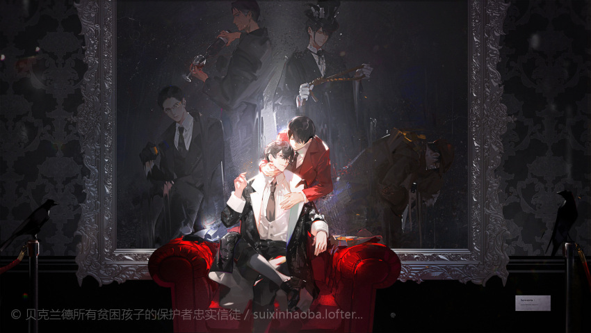 2boys 6+boys alcohol angel black_hair black_neckwear chinese_commentary commentary_request couch english_text framed glass glasses highres hug jacket klein_moretti lord_of_the_mysteries mrthersh multiple_boys necktie portrait_(object) red_jacket rope shirt watermark white_shirt wine