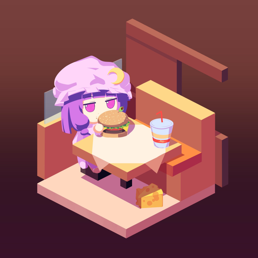 1girl absurdres bow burger cheese crescent cup disposable_cup dress farrel_kb food fumo_(doll) hat highres isometric long_hair mob_cap multiple_girls patchouli_knowledge purple_hair ribbon sitting solo touhou violet_eyes