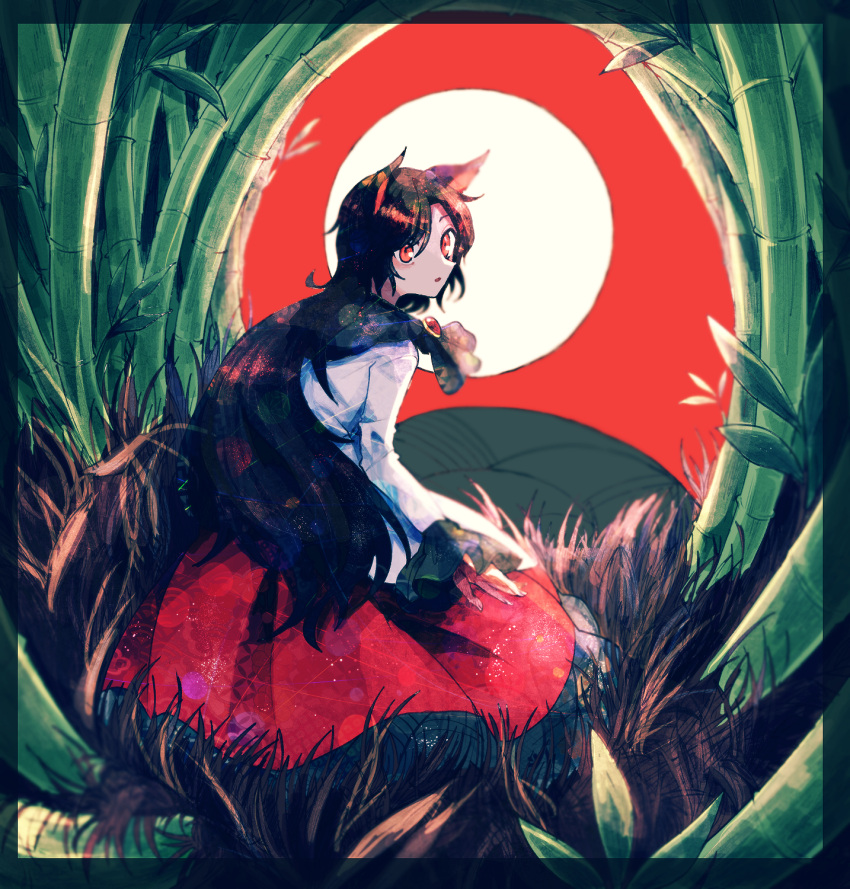 1girl animal_ears bamboo bamboo_forest brooch brown_hair dress forest full_moon hanafuda highres imaizumi_kagerou itomugi-kun jewelry long_hair long_sleeves moon nature red_background red_dress red_eyes solo touhou white_dress wolf_ears