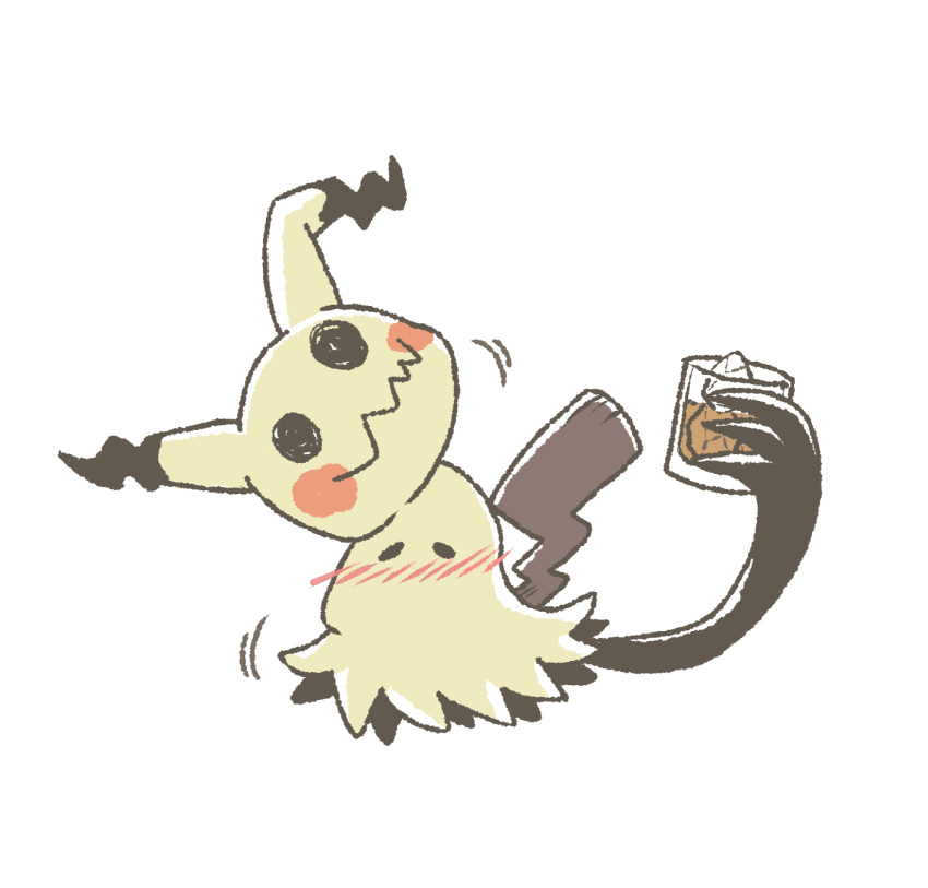 alcohol black_eyes blush claws commentary_request cup drunk full_body gen_7_pokemon glass highres holding holding_cup ice ice_cube kotobukkii_(yt_lvlv) liquid mimikyu no_humans pokemon pokemon_(creature) simple_background solo white_background