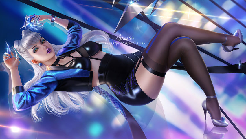 breasts claws cropped_jacket demon_girl earrings evelynn_(league_of_legends) garter_straps glass high_heels jacket jewelry kneehighs league_of_legends lipstick long_hair looking_at_viewer lying makeup open_clothes silver_hair the_baddest_evelynn wickellia yellow_eyes