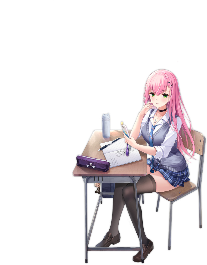 1girl azur_lane black_legwear blue_neckwear chair character_doll choker desk green_eyes hair_ornament hairclip highres holding holding_phone indoors jewelry loafers looking_at_viewer memphis_(a_breath_of_fresh_air)_(azur_lane) memphis_(azur_lane) necklace necktie official_alternate_costume official_art pencil_case phone pink_hair pleated_skirt school_chair school_desk school_uniform sheffield_(azur_lane) shirt shoes silveroid sitting skirt sleeves_rolled_up sweater_vest thigh-highs transparent_background white_shirt
