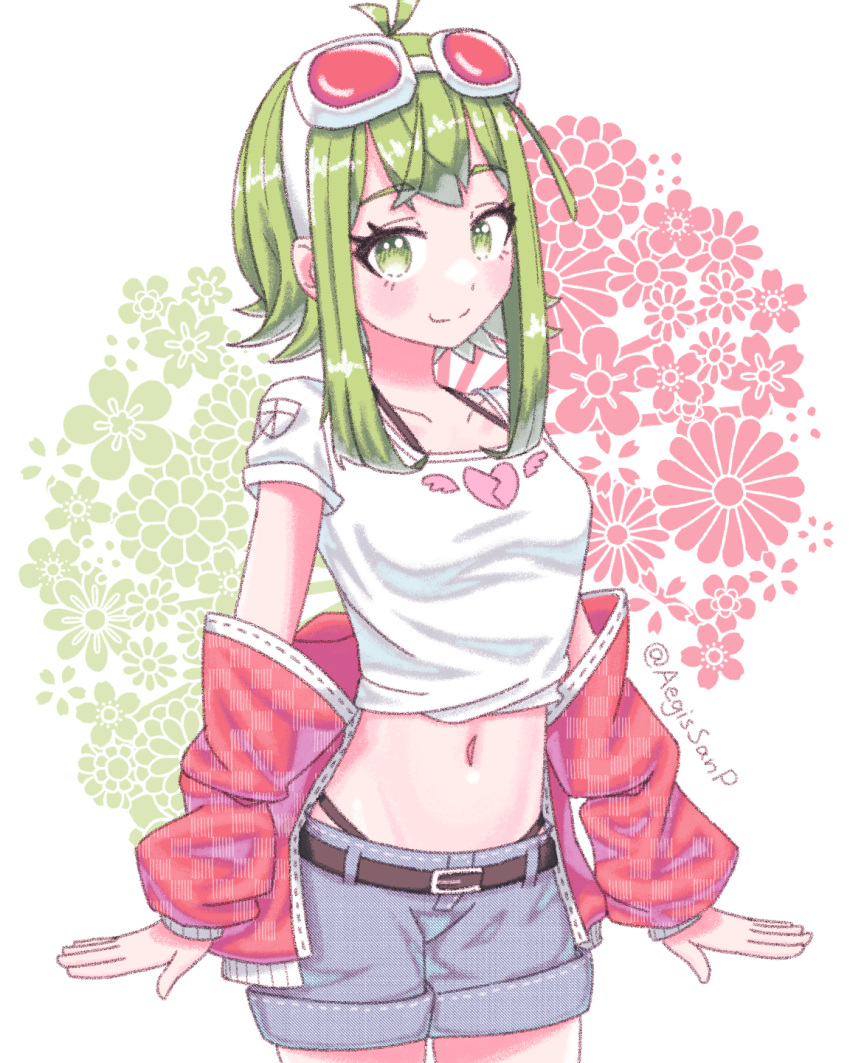 1girl aegissanp belt blush commentary cowboy_shot crop_top denim denim_shorts english_commentary floral_background goggles goggles_on_head green_eyes green_hair gumi heart heart_print highres jacket looking_at_viewer midriff navel open_clothes open_jacket panty_straps red_goggles red_jacket shirt short_hair_with_long_locks shorts sidelocks smile solo stomach twitter_username vocaloid white_shirt wing_print winged_heart