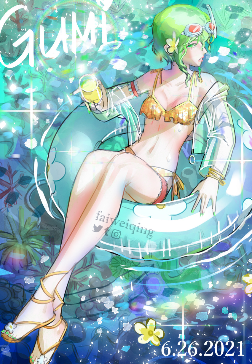 1girl absurdres arm_strap bikini bracelet character_name commentary coral cup dated faiweiqing floral_print flower frilled_bikini frills from_above glass glint goggles goggles_on_head green_eyes green_hair green_nails gumi head_tilt highres holding holding_cup innertube jacket jewelry lens_flare lips looking_at_viewer midriff nail_polish navel open_clothes open_jacket orange_bikini parted_lips red_goggles sandals see-through_jacket short_hair_with_long_locks sidelocks sideways_glance sitting solo sparkle stomach swimsuit vocaloid water_drop watermark
