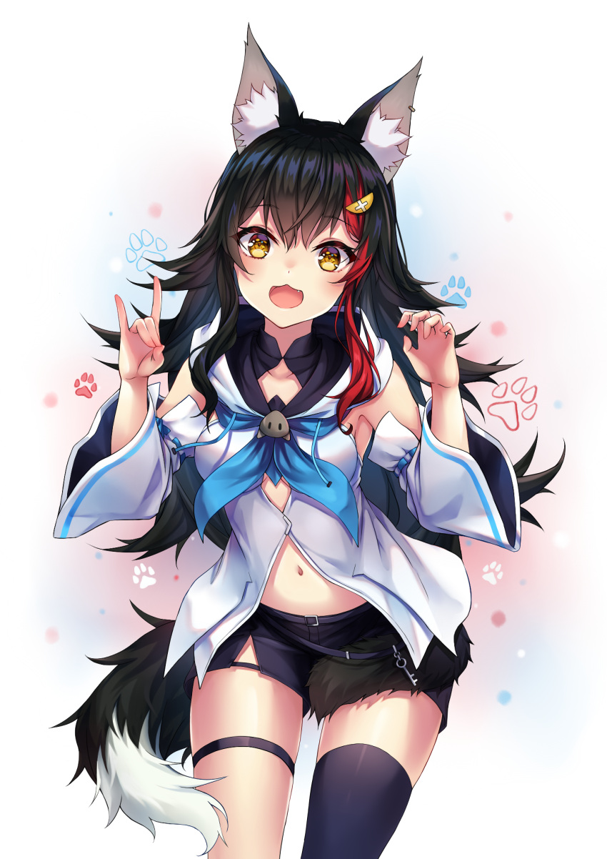 1girl :3 :d animal_ears bangs bare_shoulders black_hair black_legwear black_shorts blue_neckwear blush claw_pose cosplay cowboy_shot detached_sleeves fang flipped_hair fox_shadow_puppet hair_between_eyes hair_ornament hairclip highres hololive hood hoodie long_hair looking_at_viewer low-tied_long_hair multicolored_hair n15e navel neckerchief ookami_mio open_mouth redhead shirakami_fubuki shirakami_fubuki_(cosplay) short_shorts shorts sidelocks single_thighhigh skindentation sleeveless sleeveless_hoodie smile solo streaked_hair tail tail_around_leg tail_wrap thigh-highs thigh_strap very_long_hair virtual_youtuber white_hair white_sleeves wide_sleeves wolf_ears wolf_girl wolf_tail yellow_eyes