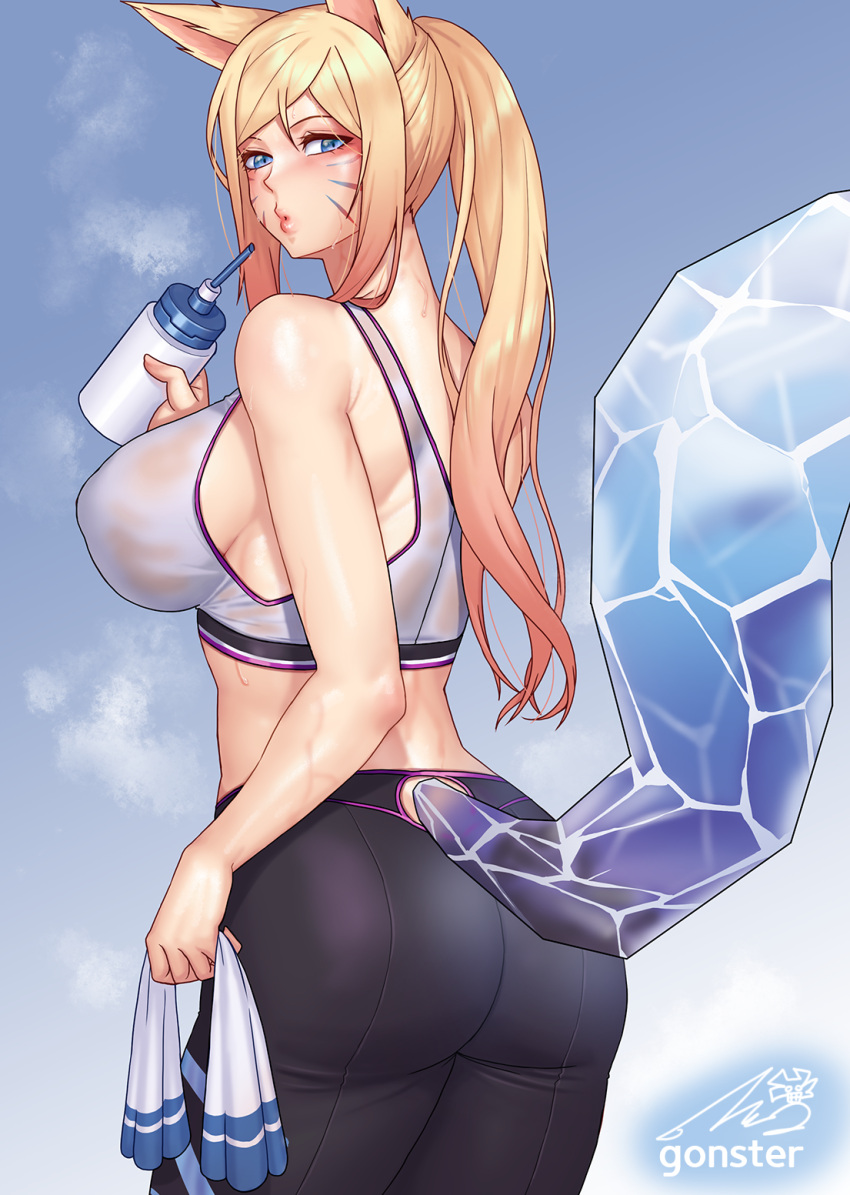 1girl ahri animal_ears artist_name ass bangs blue_eyes bottle breasts crystal_tail facial_mark fox_ears gonster gradient_hair highres holding holding_bottle k/da_(league_of_legends) k/da_ahri large_breasts league_of_legends long_hair multicolored_hair pants ponytail puckered_lips see-through sidelocks simple_background solo sports_bra steam sweat tail water_bottle whisker_markings yoga_pants