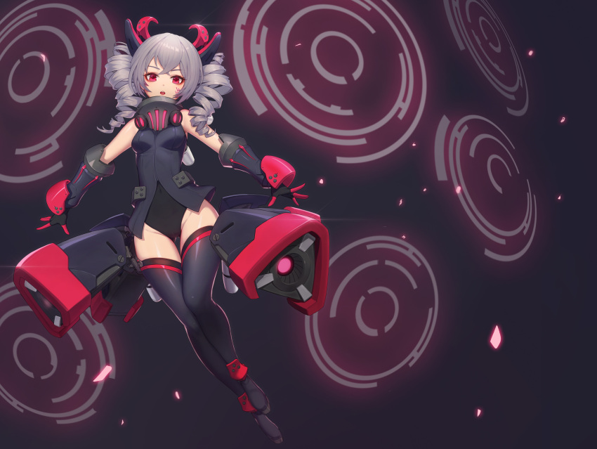 1girl absurdres bangs bare_shoulders black_background black_gloves black_legwear boots breasts bronya_zaychik bronya_zaychik_(black_nucleus) dkxlek drill_hair full_body gloves grey_hair hair_between_eyes highres honkai_(series) honkai_impact_3rd leotard looking_at_viewer open_mouth red_eyes small_breasts solo thigh-highs thigh_boots twin_drills