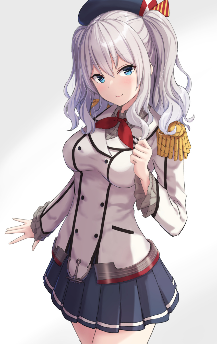 1girl bangs beret black_headwear black_skirt blue_eyes breasts closed_mouth collared_shirt commentary_request dress_shirt epaulettes eyebrows_visible_through_hair gradient gradient_background grey_background grey_shirt hair_between_eyes hand_up hat highres jacket kantai_collection kashima_(kancolle) long_sleeves medium_breasts monoku neckerchief pleated_skirt red_neckwear shirt silver_hair skirt smile solo two_side_up white_background white_jacket wide_sleeves
