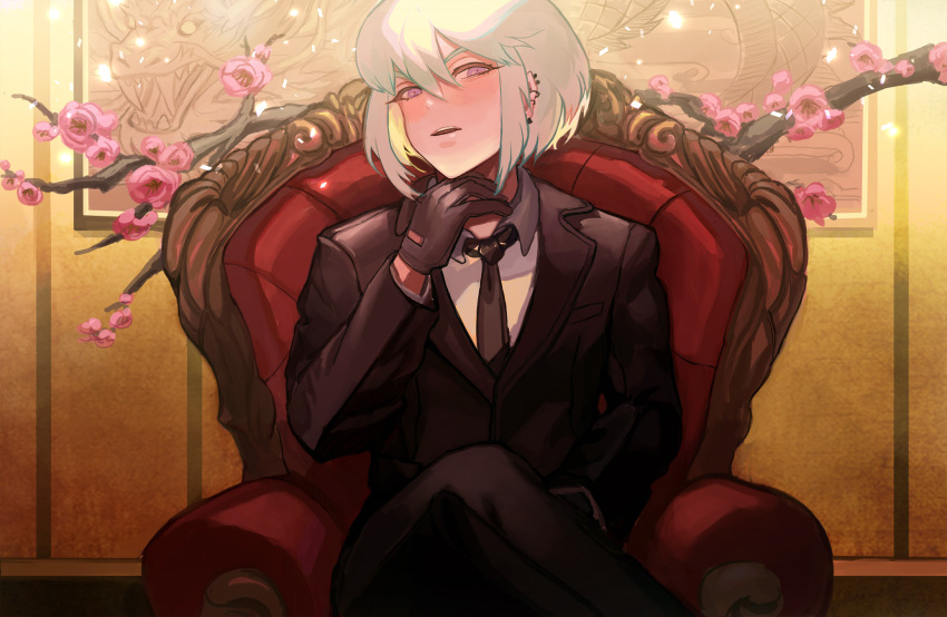 1boy alternate_costume bangs black_gloves black_jacket black_neckwear black_pants blush chair collared_shirt crossed_legs earrings flower formal gloves gunmetalrose highres jacket jewelry lio_fotia long_sleeves male_focus necktie pants pink_flower promare shirt sitting solo upper_teeth violet_eyes