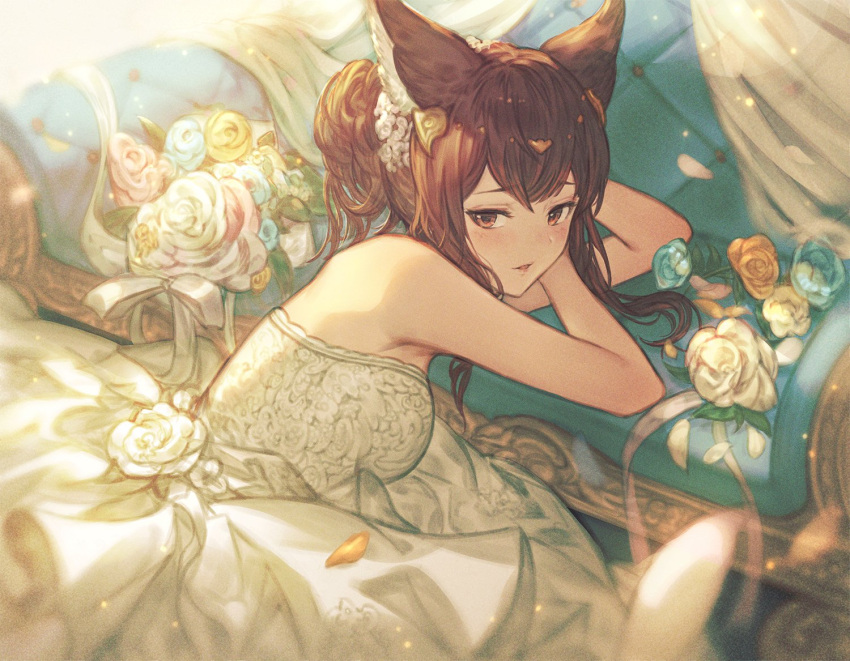 animal_ears anthuria bangs bare_shoulders blush breasts bride dress erune eyebrows_visible_through_hair flower granblue_fantasy hair_ornament looking_at_viewer lying official_art parted_lips red_eyes redhead wedding_dress