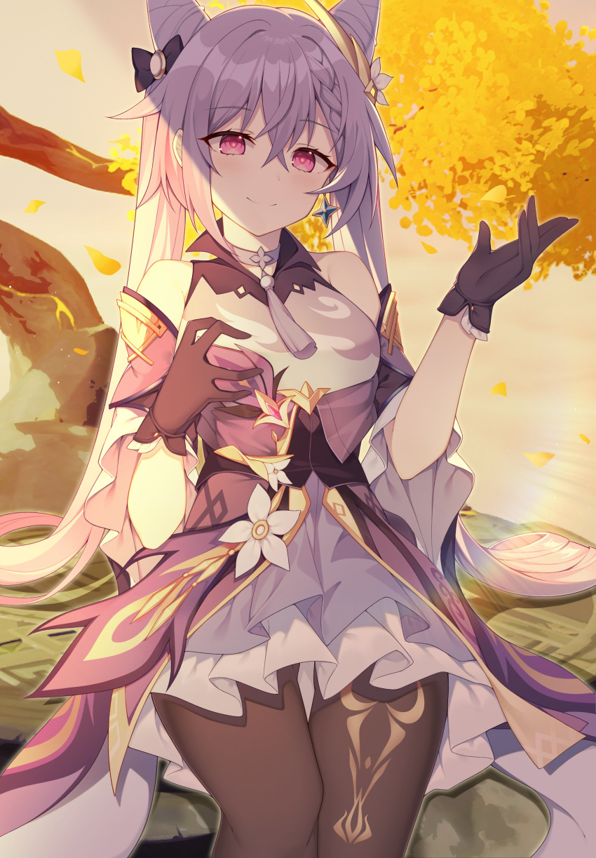 1girl absurdres autumn autumn_leaves bangs black_gloves black_legwear commentary_request detached_sleeves double_bun eyebrows_visible_through_hair genshin_impact gloves hair_between_eyes hair_ornament highres keqing_(genshin_impact) long_hair looking_at_viewer paaru pantyhose purple_hair rock sidelocks sitting sitting_on_object smile solo tree_branch twilight twintails violet_eyes wide_sleeves