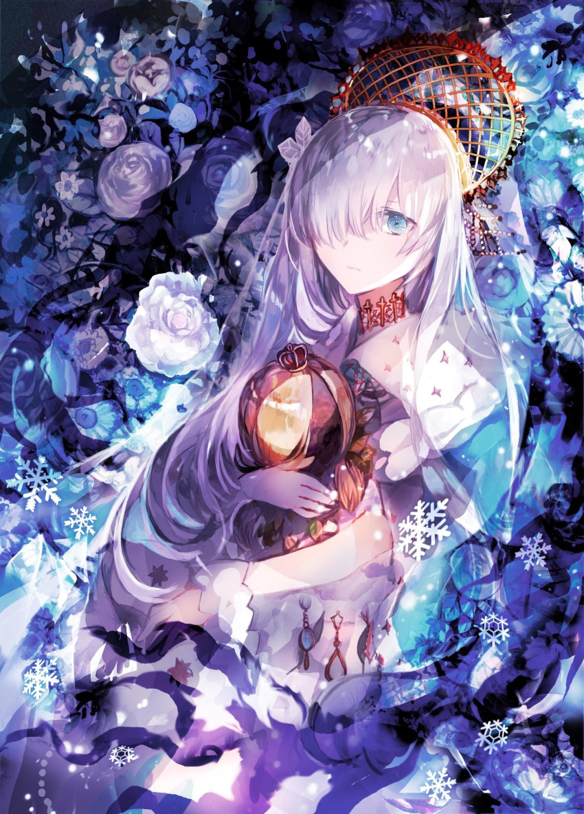 1girl anastasia_(fate) bangs blue_eyes cloak dress fate/grand_order fate_(series) floral_background hair_between_eyes hair_over_one_eye highres holding jewelry long_hair neck_ring rioka_(southern_blue_sky) royal_robe silver_hair solo viy_(fate) white_dress
