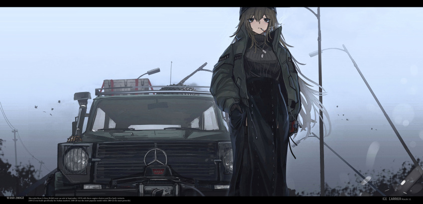 1girl absurdres bird black_gloves black_headwear breasts brown_eyes brown_hair cat_girl cigarette cigarette_pack coat daria_(haguruma_c) dog_tags feet_out_of_frame gloves green_jacket grey_sky ground_vehicle haguruma_c headlight highres jacket lamp large_breasts long_skirt mercedes-benz motor_vehicle open_clothes open_jacket original ribbed_sweater skirt smokestack solo sweater tree utility_pole winter_clothes winter_coat