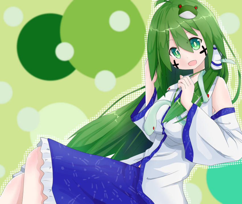 1girl bangs blue_skirt breasts collared_shirt commentary cookie_(touhou) cross detached_sleeves eyebrows_visible_through_hair eyes_visible_through_hair facepaint feet_out_of_frame frog_hair_ornament green_background green_eyes green_hair hair_between_eyes hair_ornament hair_tubes highres jom0 kochiya_sanae long_hair looking_at_viewer medium_breasts nontraditional_miko open_mouth paseri_(cookie) shiny shiny_skin shirt skirt sleeveless sleeveless_shirt smile snake_hair_ornament solo touhou white_shirt