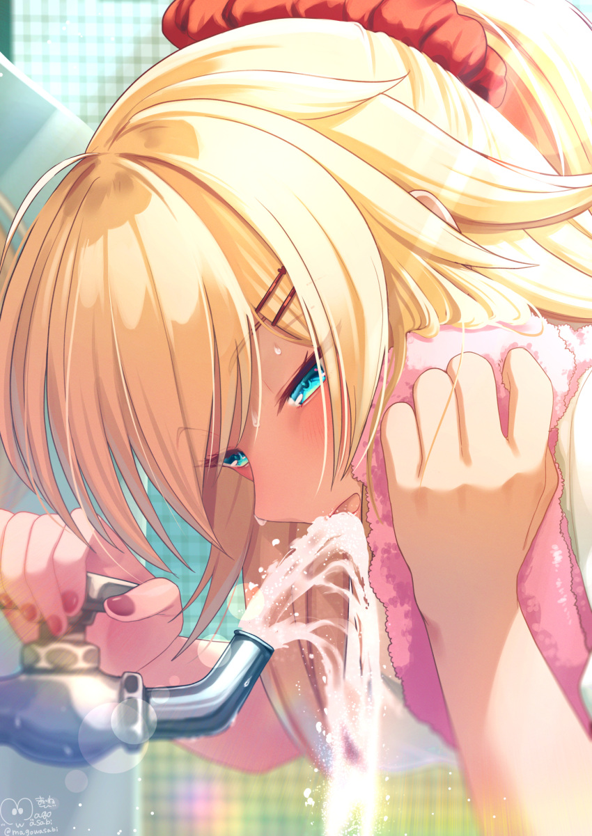 1girl akai_haato bangs blonde_hair blue_eyes commentary_request drinking eyebrows_visible_through_hair faucet hair_ornament hair_scrunchie hairclip hands_up highres hololive long_hair looking_away magowasabi nail_polish open_mouth pink_towel red_nails scrunchie shirt short_sleeves signature solo towel twitter_username virtual_youtuber water white_shirt