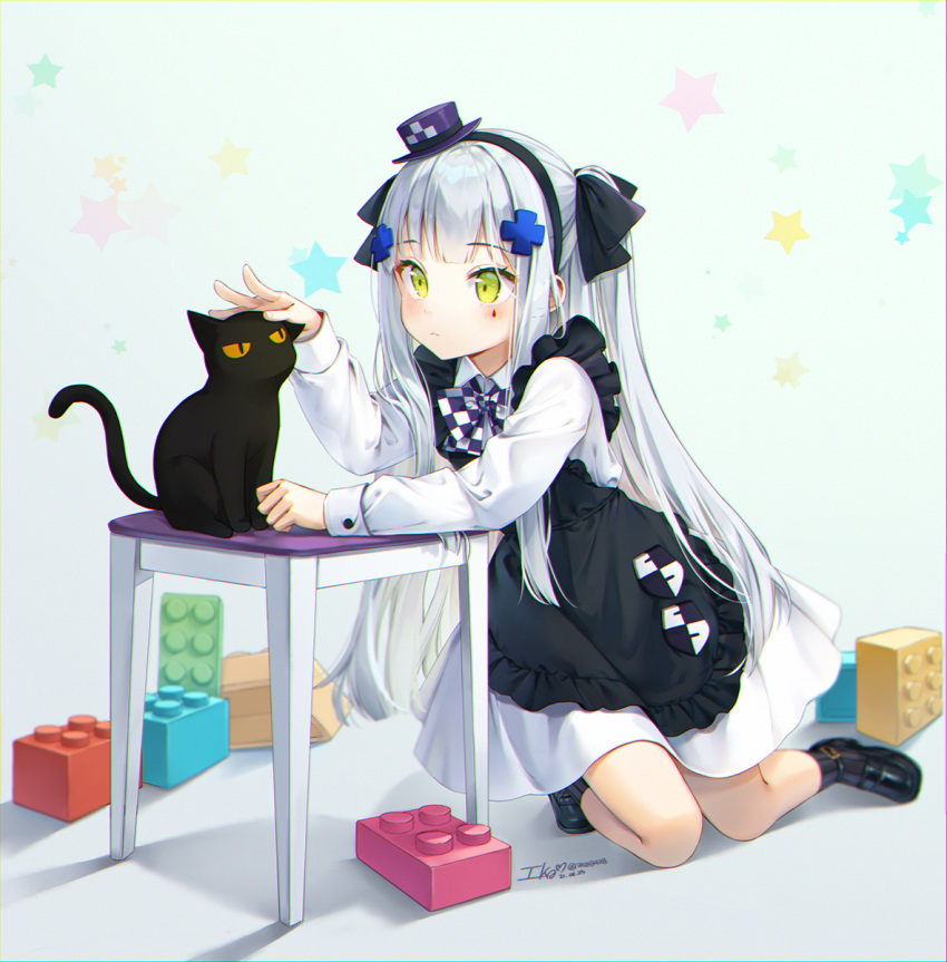 1girl apron black_apron black_cat black_footwear black_legwear black_ribbon blush bow bowtie cat checkered checkered_neckwear commentary_request dress eyebrows_visible_through_hair facial_mark frilled_apron frills full_body girls_frontline green_eyes hair_ornament hair_ribbon hat headband highres hk416_(girls_frontline) ika_(4801055) lego lego_brick loafers long_sleeves mini_hat official_alternate_costume petting ribbon shoes socks solo star_(symbol) table white_dress yellow_eyes younger