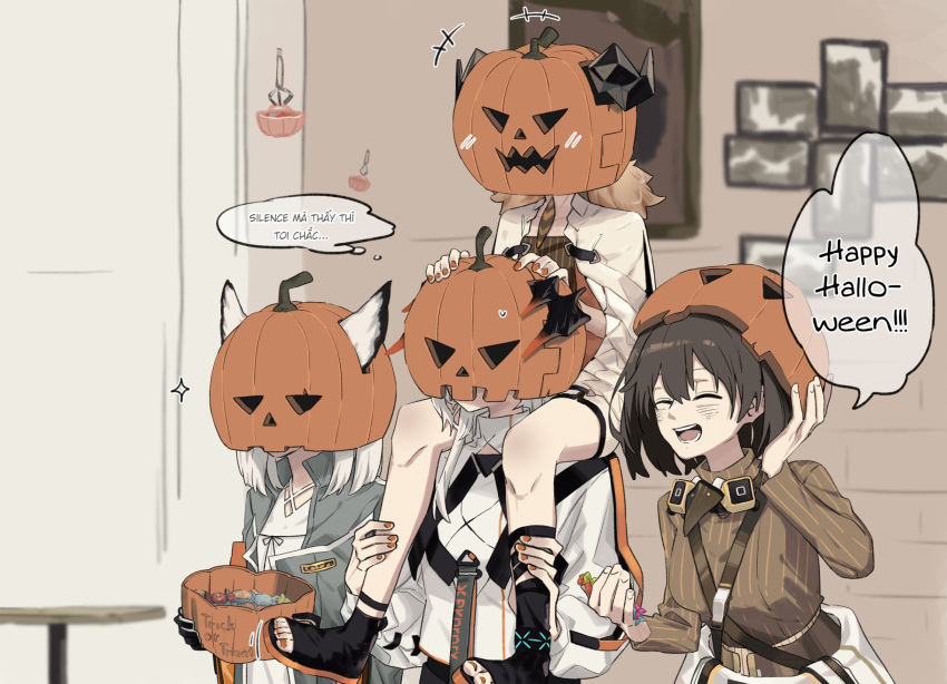 4girls ankleband arknights bad_id bad_twitter_id black_footwear black_gloves blonde_hair brown_hair brown_sweater bucket candy carrying carrying_person demon_horns dragon_horns ears_through_headwear english_text food gloves grey_jacket halloween halloween_bucket happy_halloween highres holding holding_bucket horns horns_through_headwear ifrit_(arknights) infection_monitor_(arknights) jacket long_hair magallan_(arknights) mask mask_around_neck multiple_girls orange_headwear owl_ears ptilopsis_(arknights) pumpkin_on_head sandals saria_(arknights) short_hair shoulder_carry speech_bubble sweatdrop sweater thought_bubble translated twintails vietnamese_text white_hair white_jacket zy