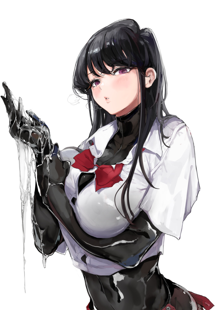 bangs black_hair blush bodysuit bodysuit_under_clothes breast_press breasts crop_top dripping highres komi-san_wa_komyushou_desu komi_shouko large_breasts latex latex_bodysuit mamimi_(mamamimi) naughty_face sailor_collar sailor_shirt shirt skin_tight skindentation steam sticky violet_eyes wet wet_clothes wet_gloves