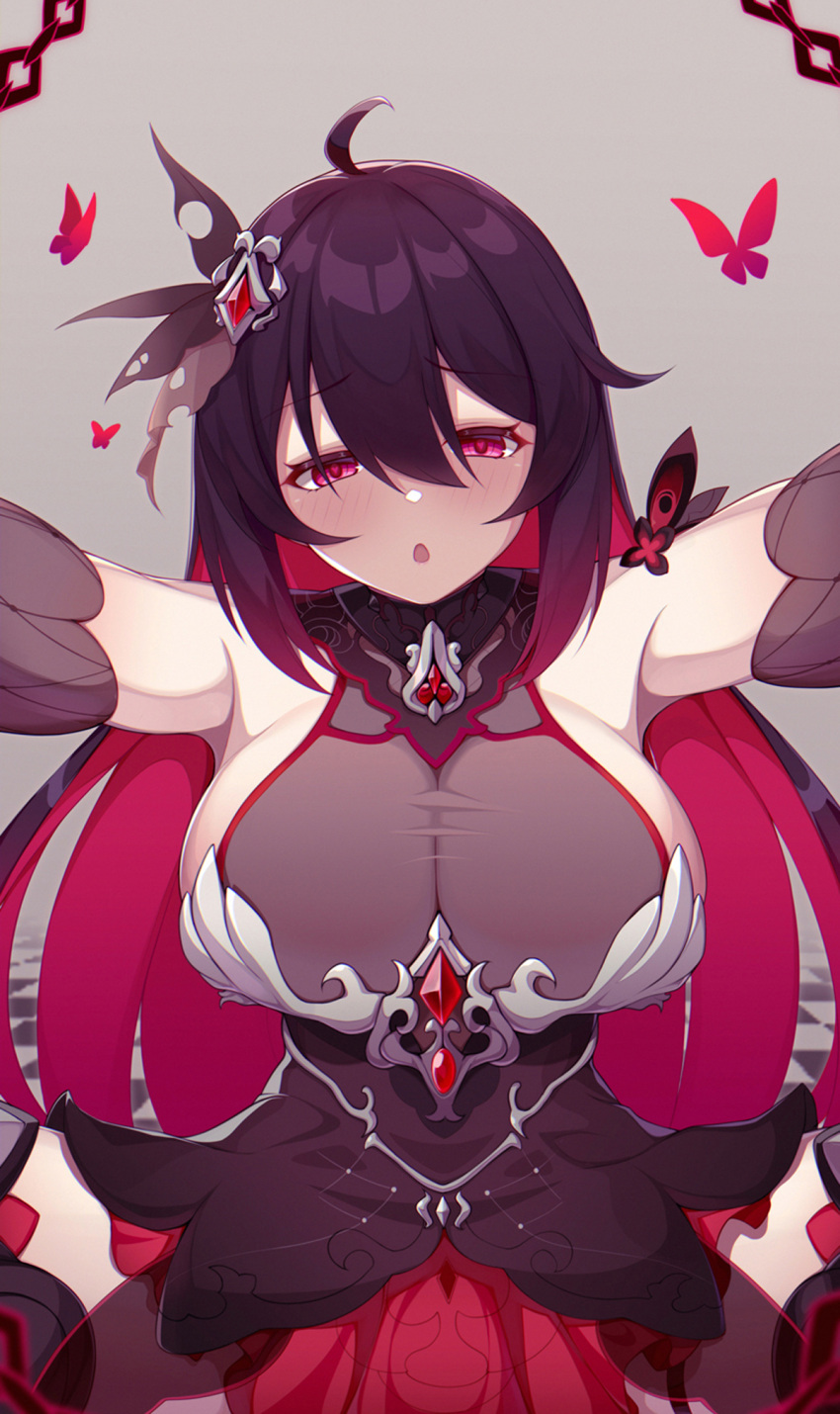 1girl armpits bangs bare_shoulders blush breasts bug butterfly chain grey_background hair_between_eyes hair_ornament half-closed_eyes highres honkai_(series) honkai_impact_3rd insect kana_(ky4696) long_hair looking_at_viewer open_mouth red_butterfly red_eyes redhead seele_(alter_ego) seele_vollerei seele_vollerei_(starchasm_nyx) solo